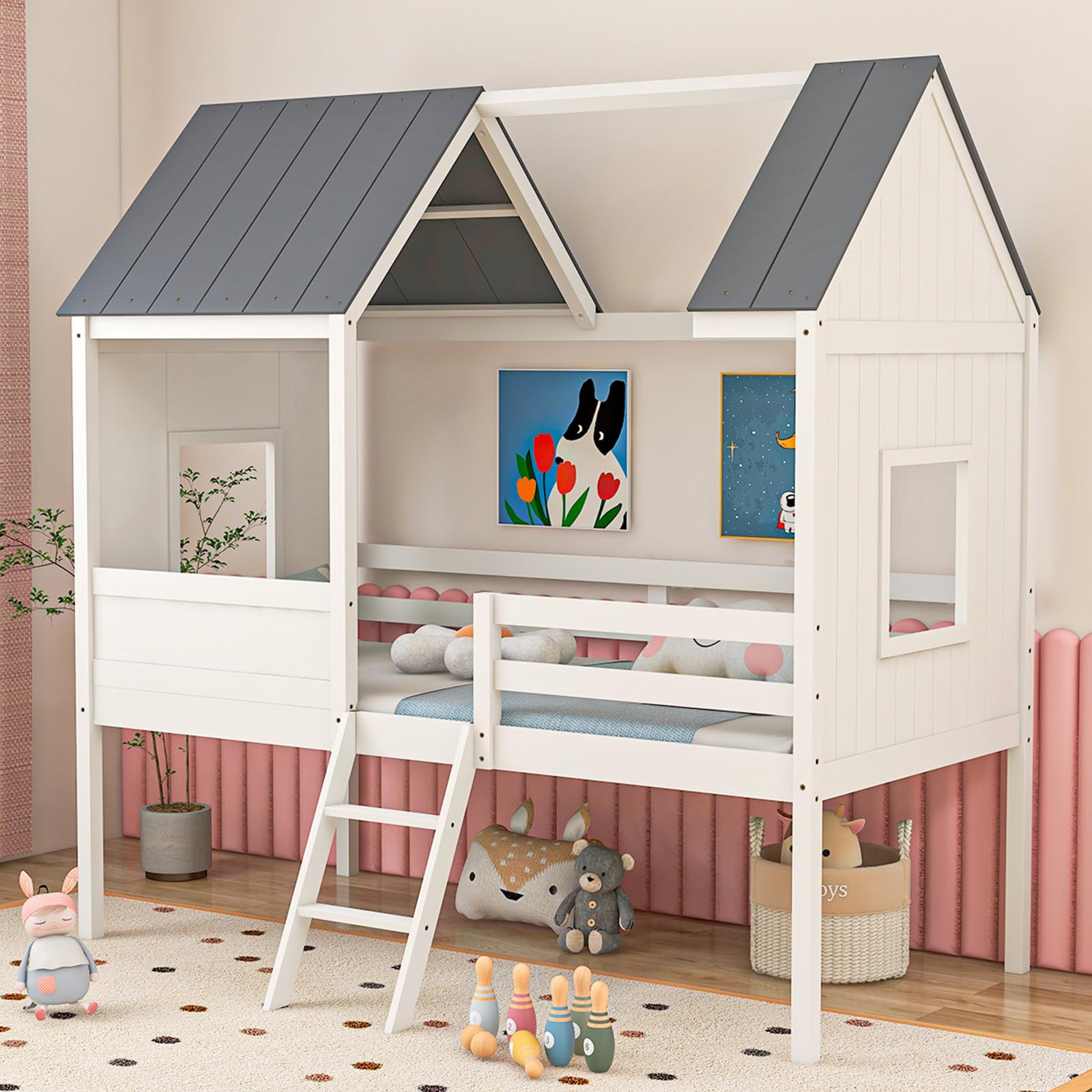 Giantex Twin House Bed Frame, Kids Low Loft Bed Frame with Roof – Giantexus
