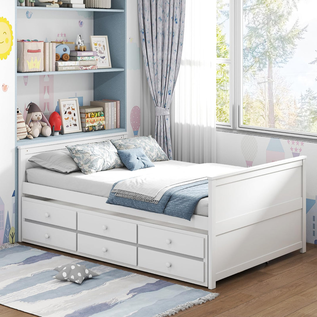 Giantex Full Size Bed Frame with Twin Trundle & 3 Storage Drawers