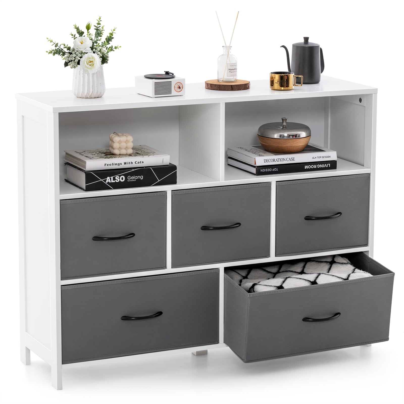 Giantex Storage Cabinet with 5 Drawers & 2 Cube Shelves, Chest of Drawers, Console Table, White & Grey