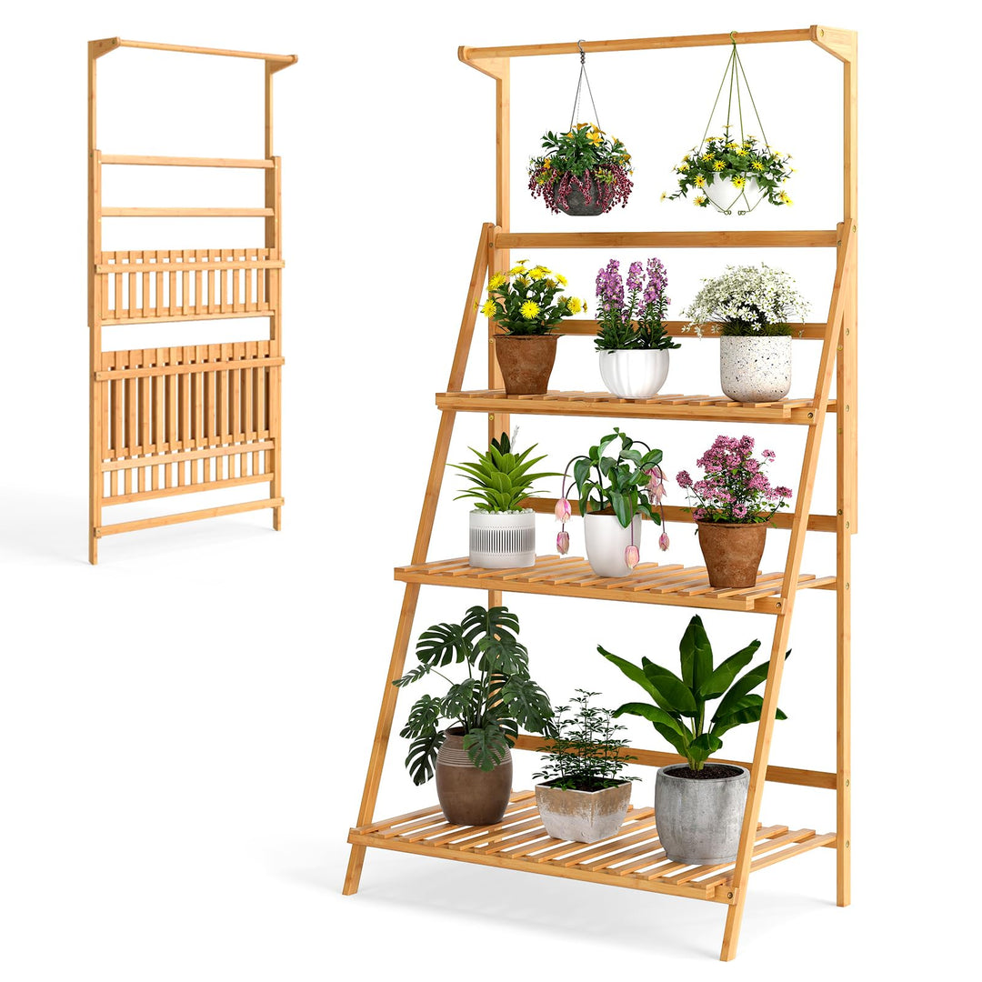 Giantex Plant Stand Indoor Outdoor - Bamboo 3-Tier Hanging Tall Ladder Flower Pot Display Organizer Rack