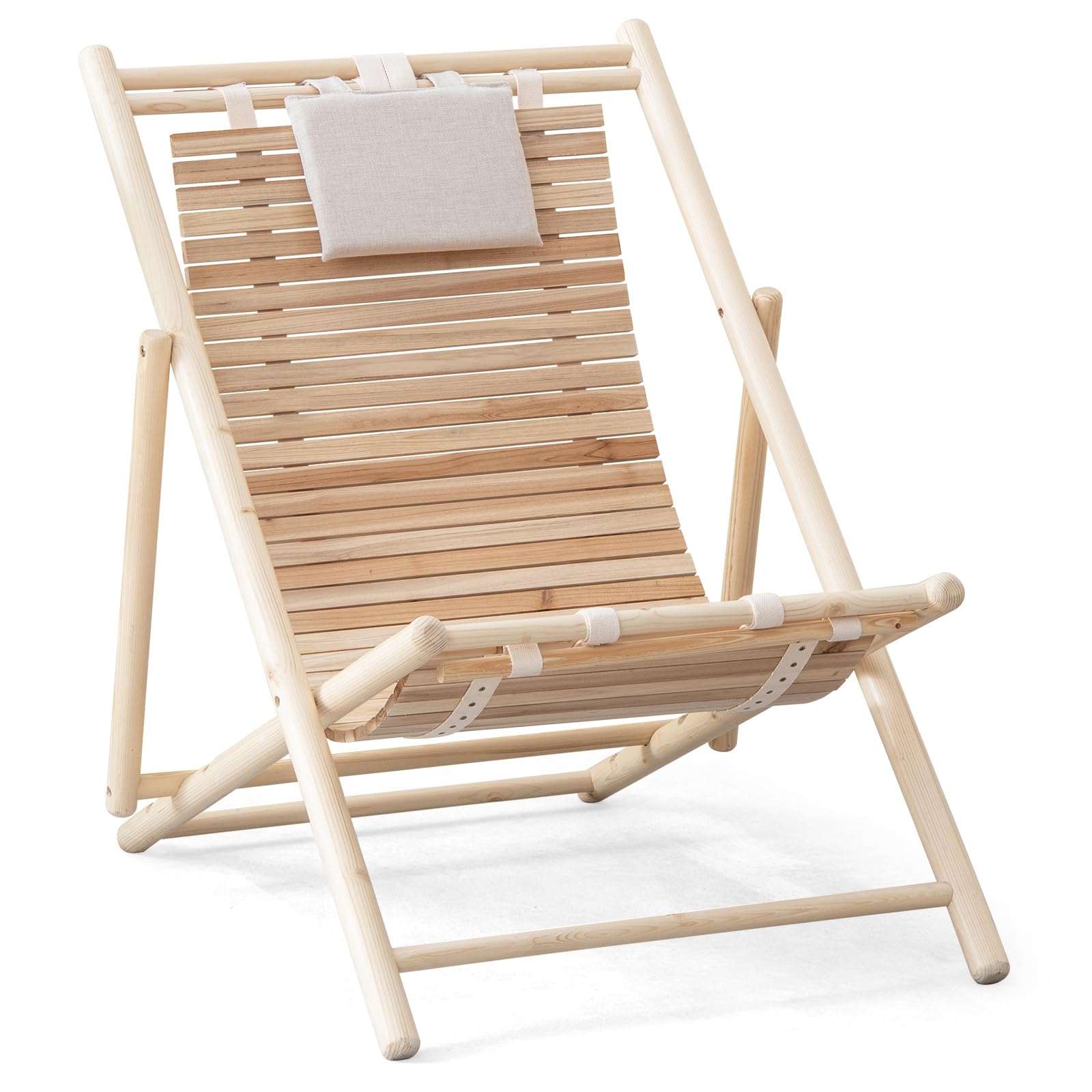 Giantex Wood Lounge Chair Outdoor - Folding Beach Chair with Detachable Headrest