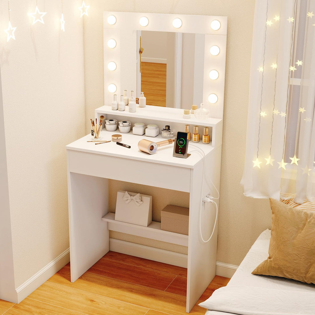 White Makeup Vanity Table with Charging Station