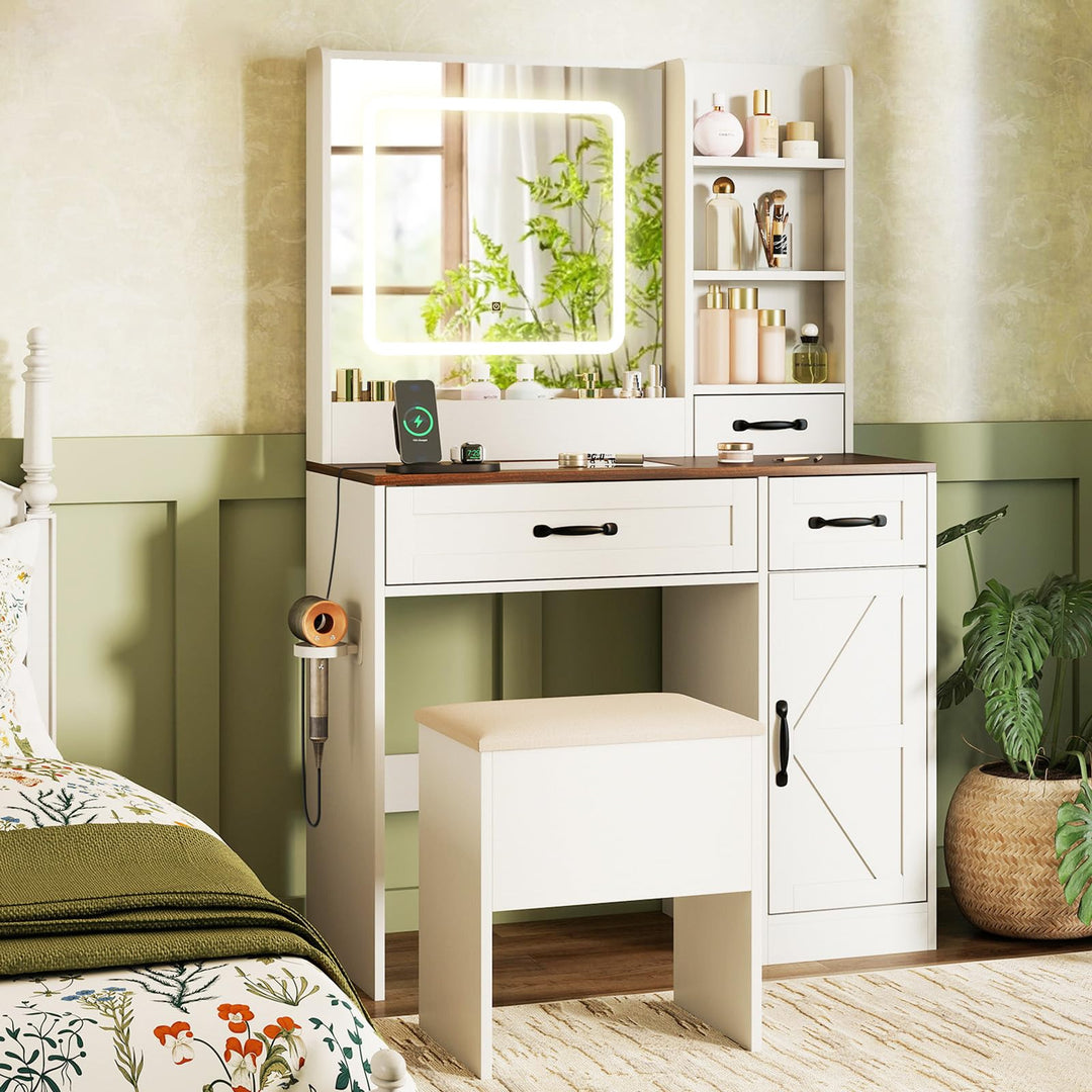 CHARMAID Glass Top Vanity Desk with Lighted Mirror Storage Stool & Drawers