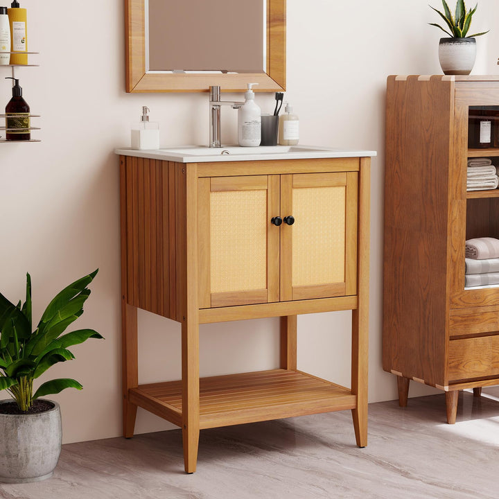 Giantex Bathroom Vanity with Sink Solid Acacia Wood Modern Vanity Sink Cabinet