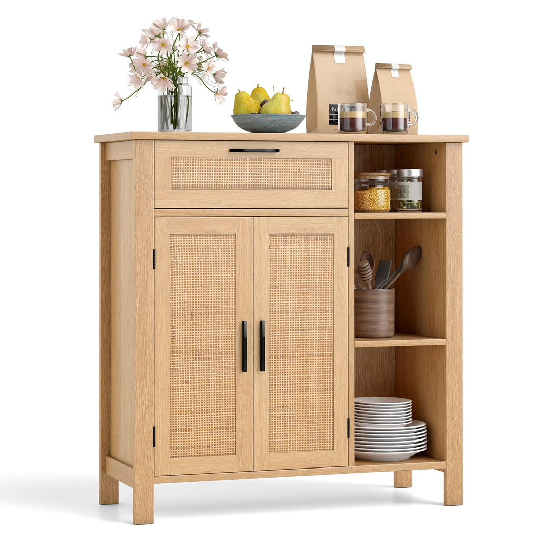 Giantex Buffet Cabinet with 2 Doors, Drawer 3 Open Cubbies Adjustable Shelf (Natural)