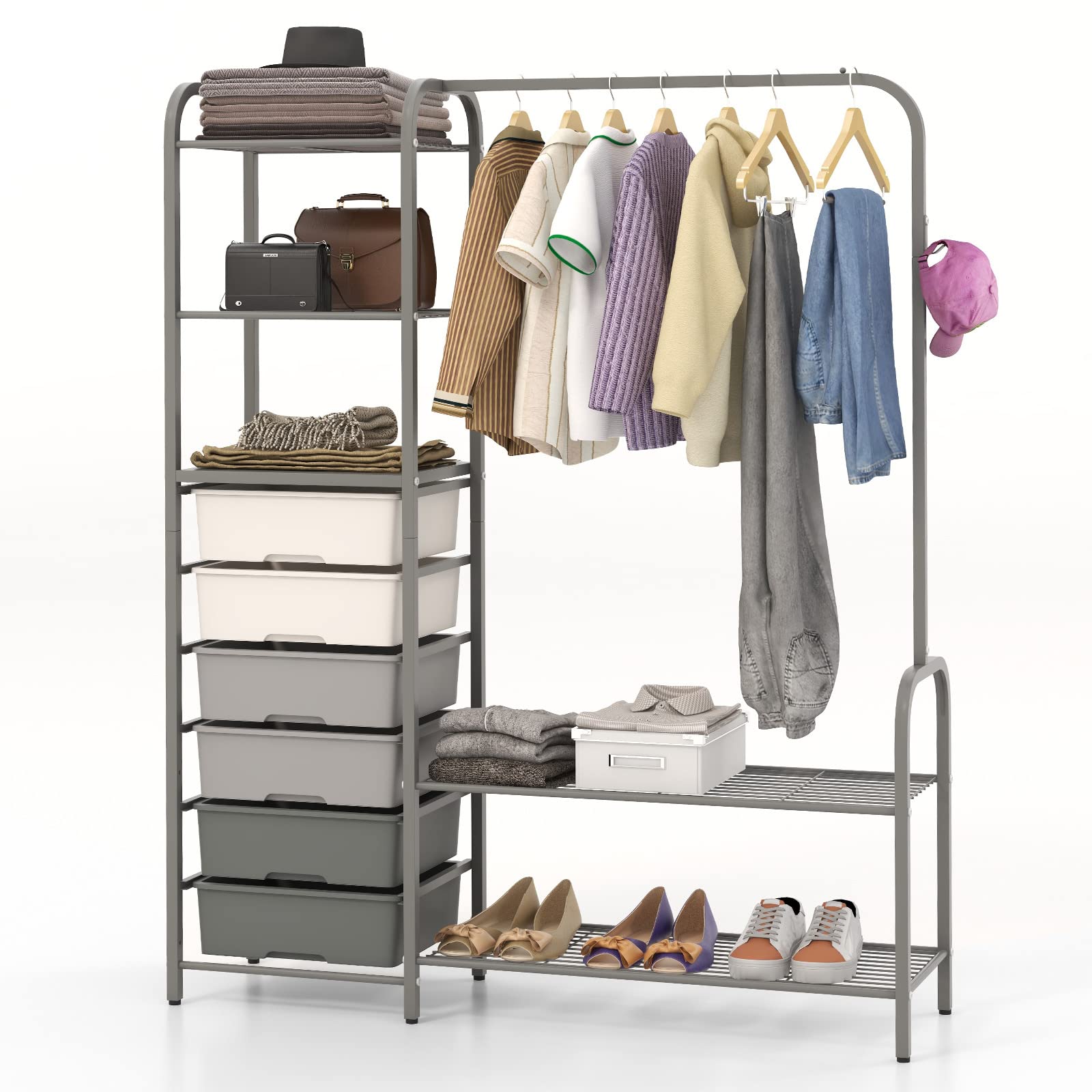 Giantex Free Standing Closet Organizer, Heavy Duty Garment Rack with 6 Removable Drawers (Grey)