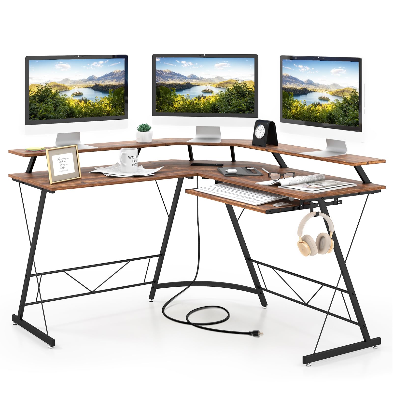Giantex L Shaped Computer Desk with Power Outlet, 51" Corner Computer Desk with Monitor Stand and Reversible Keyboard Tray