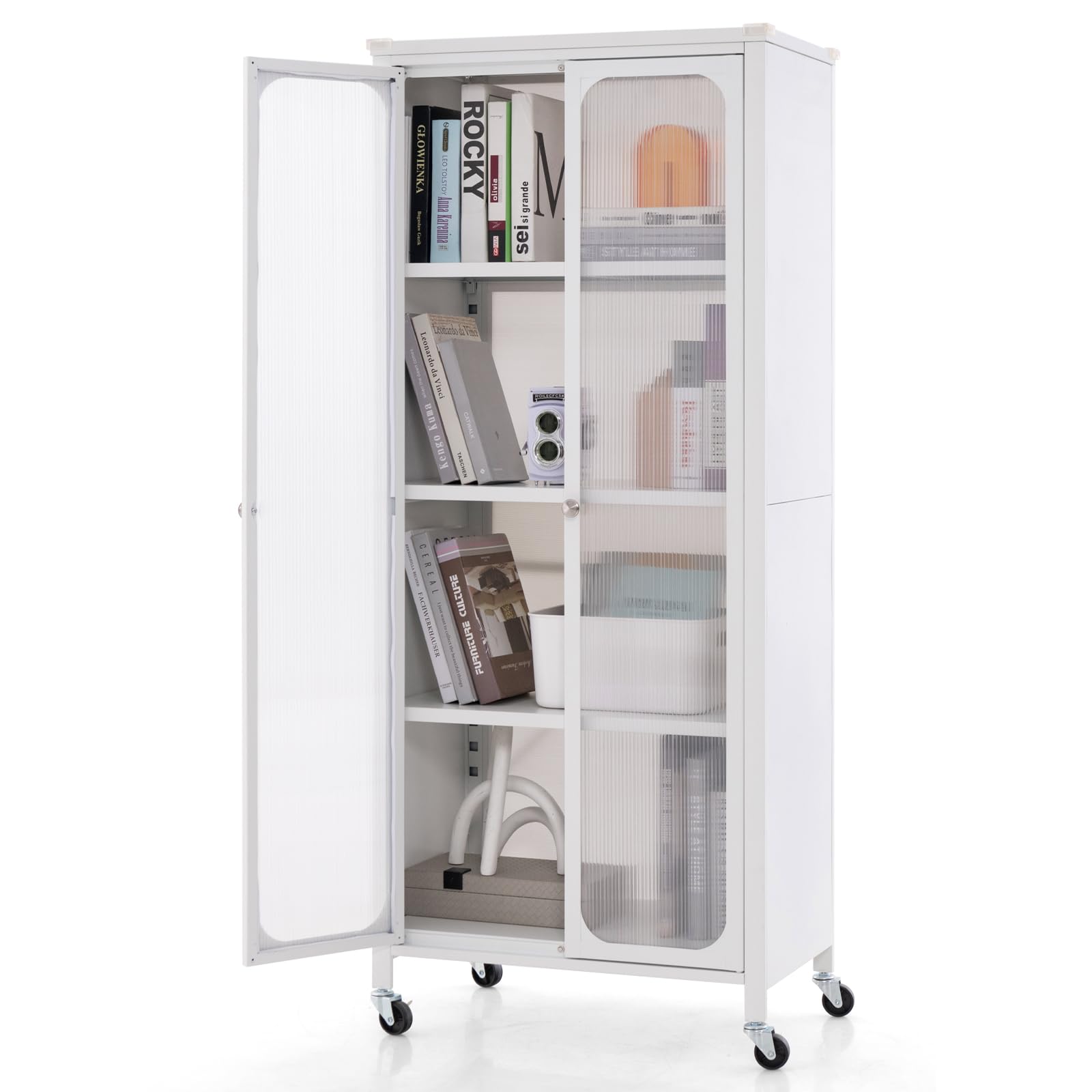 Giantex Bookcase with Doors, 58" Tall 4-Tier Bookshelf with Wheels, Adjustable Shelves (White)