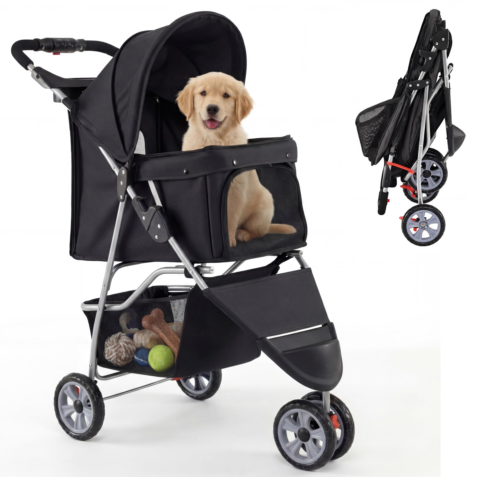 Giantex 3 Wheel Foldable Dog Stroller for Small Dogs Cats, Black