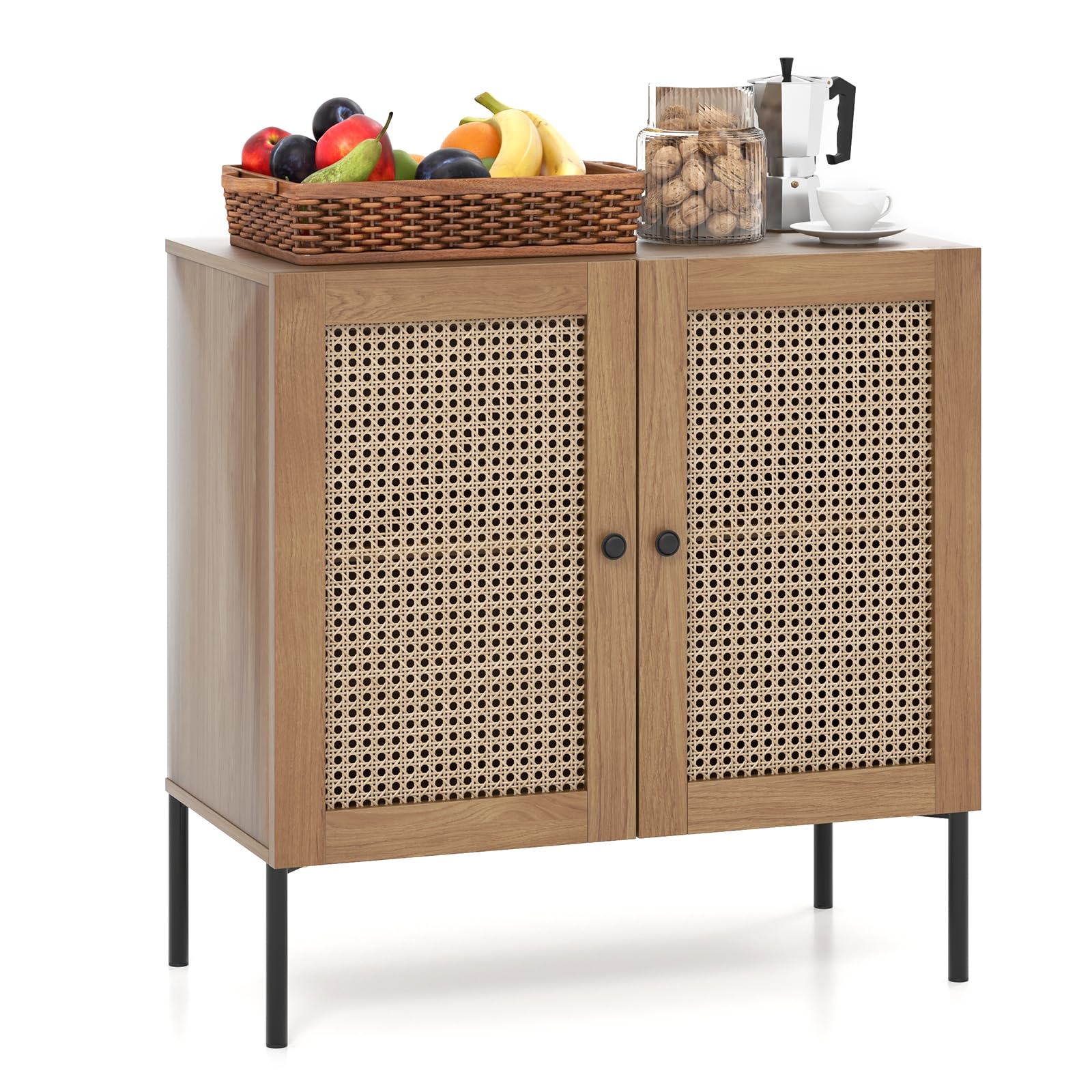 Giantex Buffet Cabinet, Wood Sideboard Storage Cabinet with Rattan Door, 3-Position Adjustable Shelf