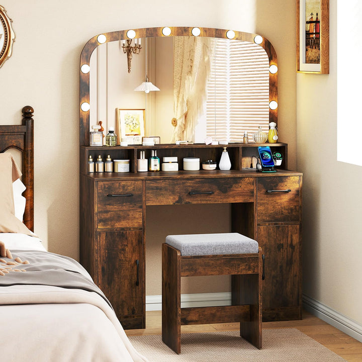 Giantex Vanity Desk Makeup Table with Stool 3-Color Lights and Charging Station