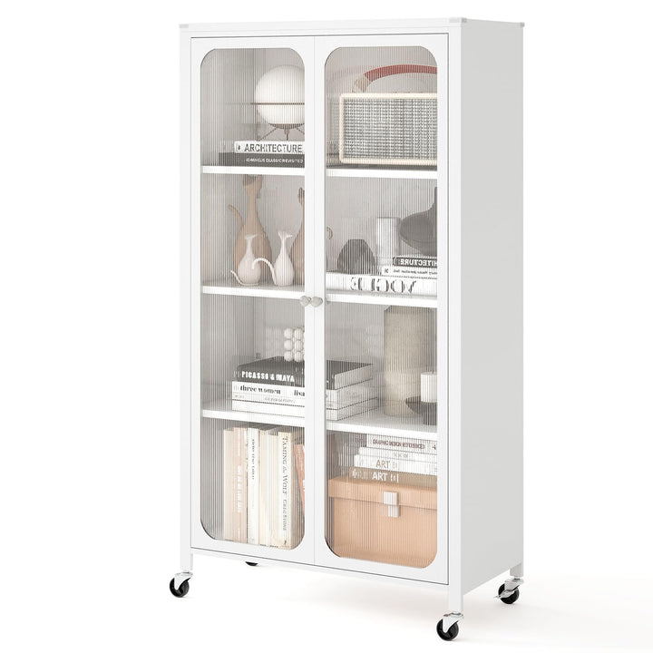Giantex Bookcase with Doors 58" Tall 4-Tier Bookshelf with Wheels