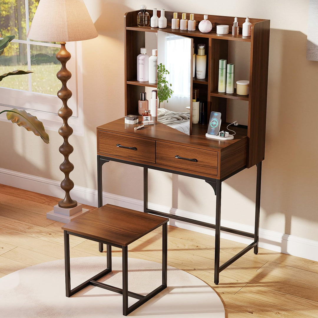 CHARMAID Vanity Desk with Charging Station Mirror Cabinet with Hidden Storage
