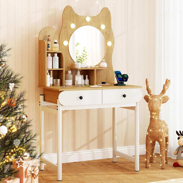 CHARMAID Small Vanity Desk with Mirror and Lights Cute Kitty Makeup Table with Power Outlets