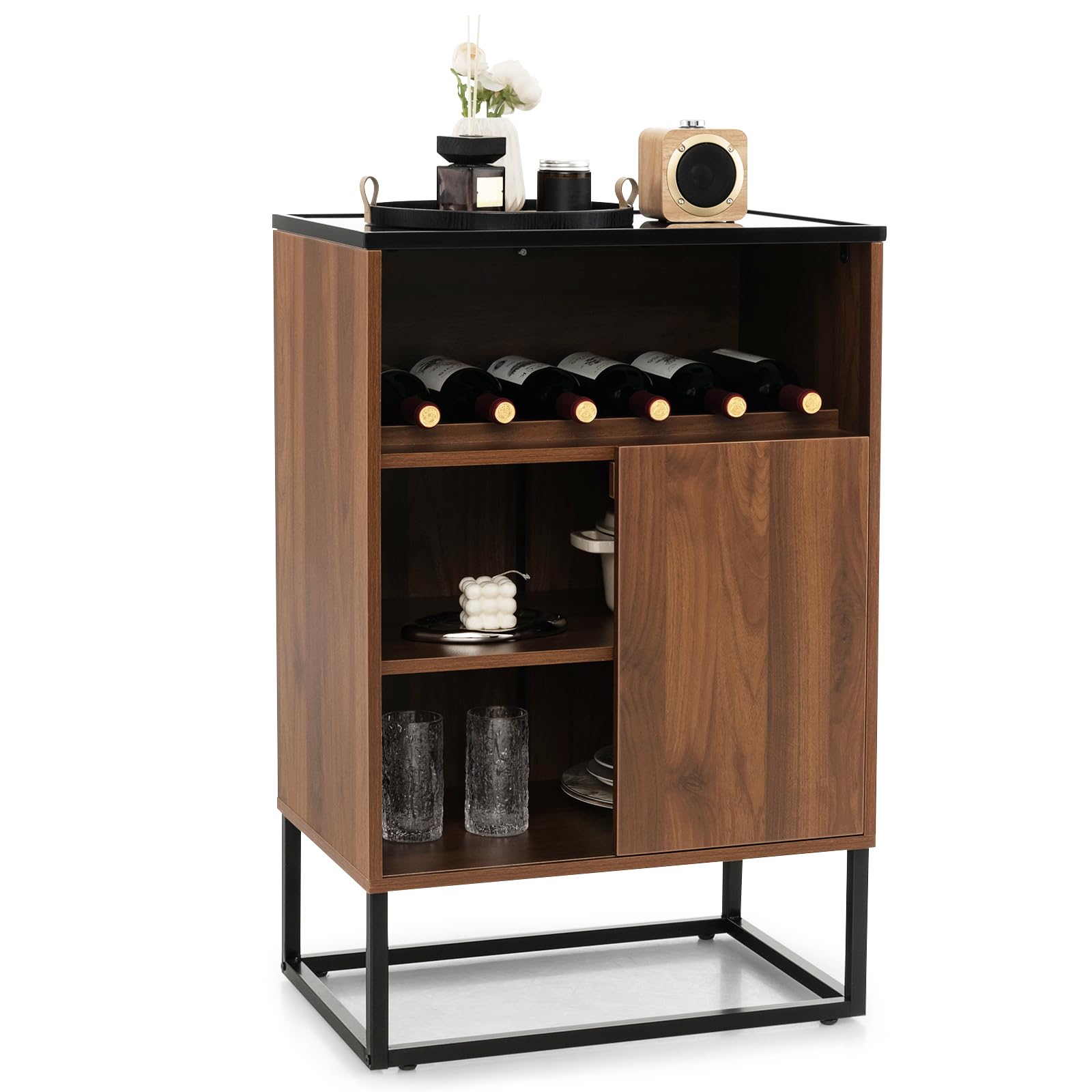 Giantex Wine Bar Cabinet, Small Sideboard Buffet Cabinet with Tempered Glass Top, Adjustable Feet & Shelf, Sliding Door