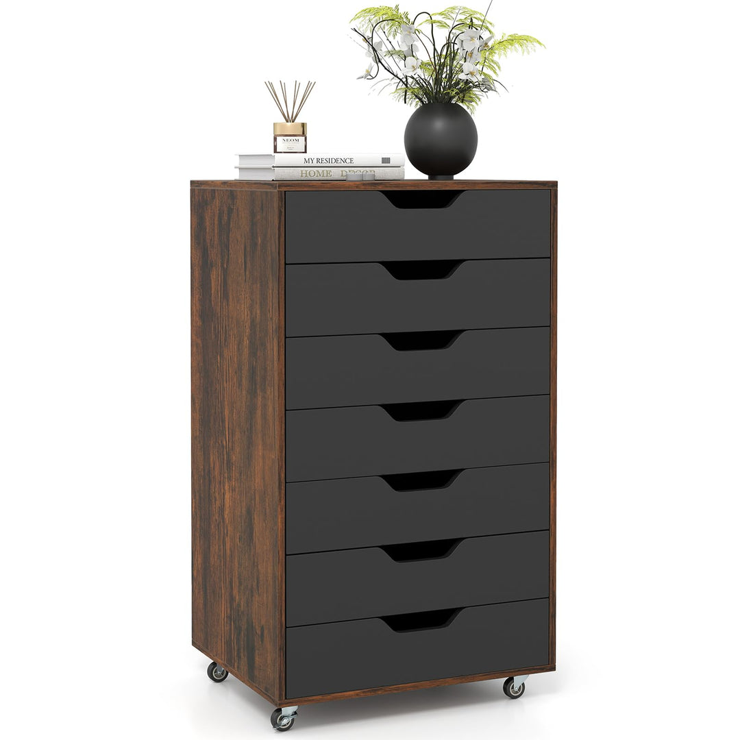 Giantex 7-Drawer Chest Wooden Storage Dresser with Lockable Wheels