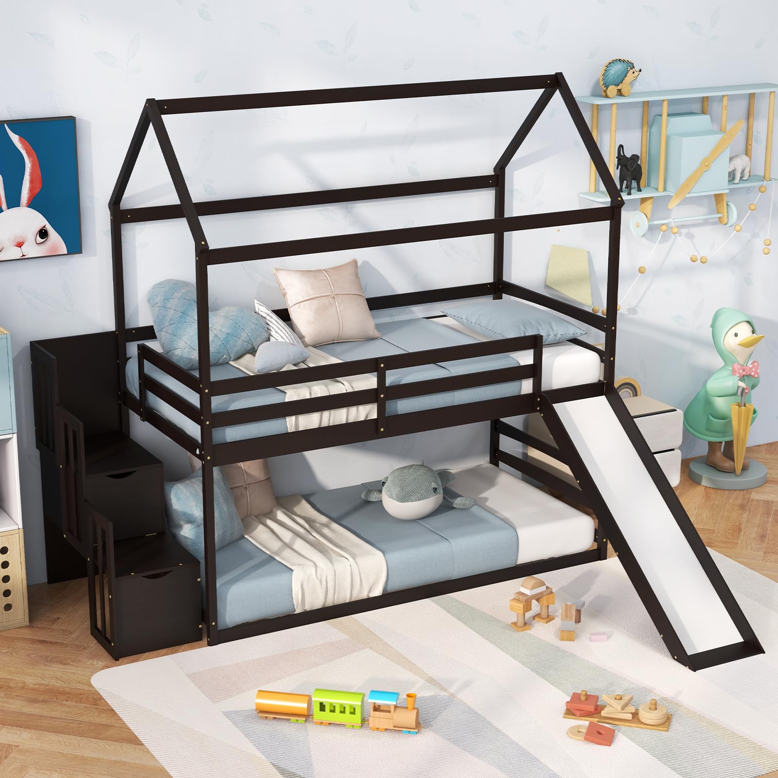 Giantex House Bunk Bed Twin Over Twin with Slide and Storage Stairs, Solid Wood Low Loft Bed Frame with Roof & Guardrail