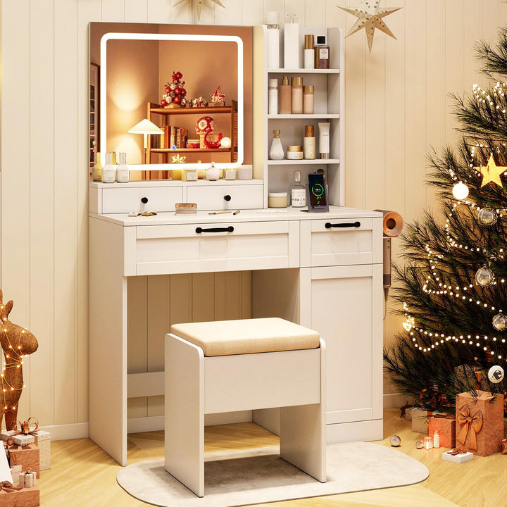 CHARMAID Vanity Desk with Lighted Mirror with Charging Station Storage Stool Drawers Shelves & Cabinet