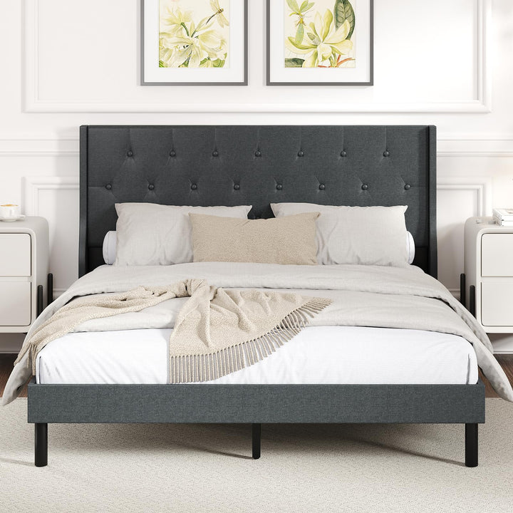 Giantex Queen Size Upholstered Bed Frame Linen Fabric Platform Bed with Button Tufted Wingback Headboard