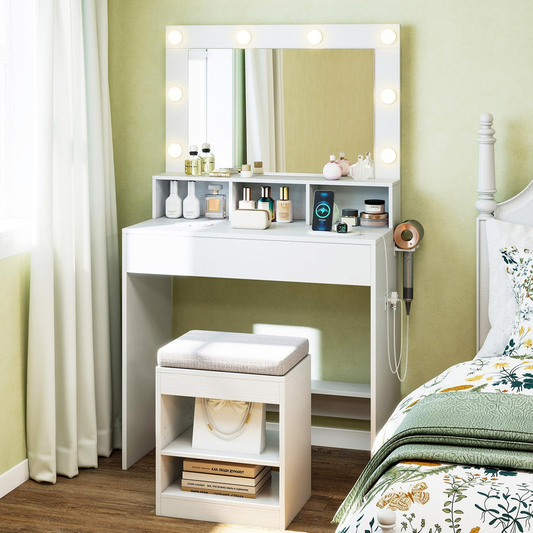 CHARMAID 31.5 Inches Vanity Desk with 3 Lighting Modes and Storage Shelves