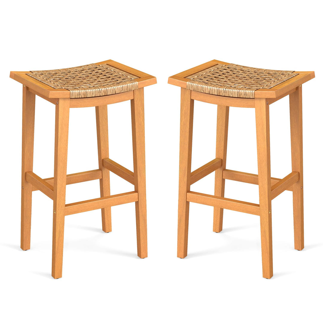 Giantex Outdoor Wooden 29" Bar Stools Set of 2/4 Backless Patio Barstools with PE Rattan Saddle Seat & Footrest
