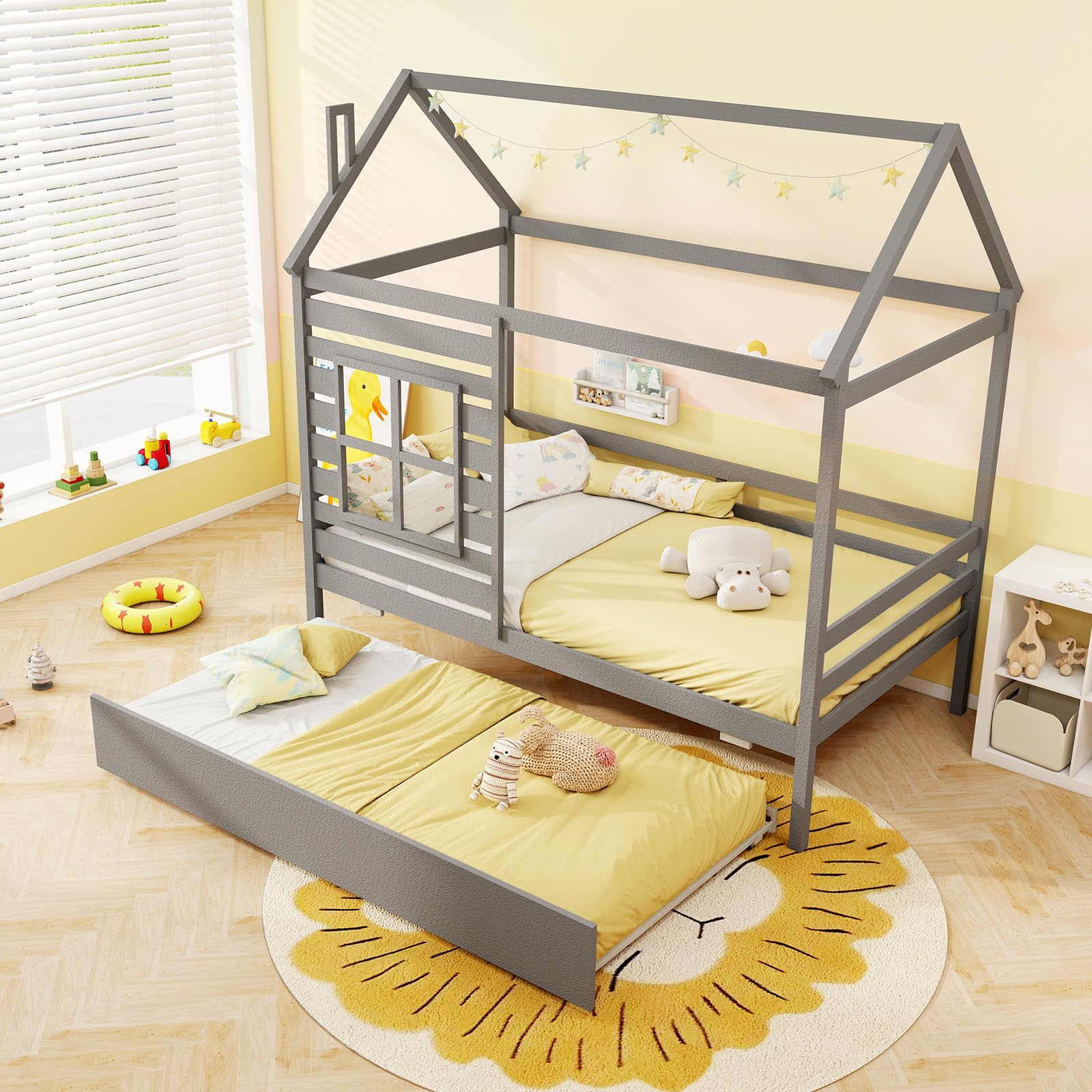 Giantex Twin House Bed with Trundle Bed Twin, Wooden Twin Bed Frames w ...