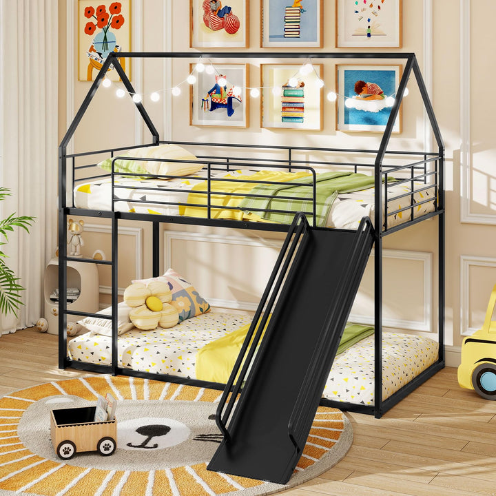 Giantex Twin Over Twin Bunk Bed with Slide & Ladder House-Shaped Metal Bunk Bed Frame with Safety Guardrail & Roof