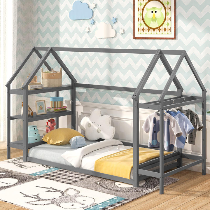 Giantex Twin Floor Bed, Wood Montessori Floor Bed with Detachable 3 Tier Storage Bookshelf & Clothes Rack