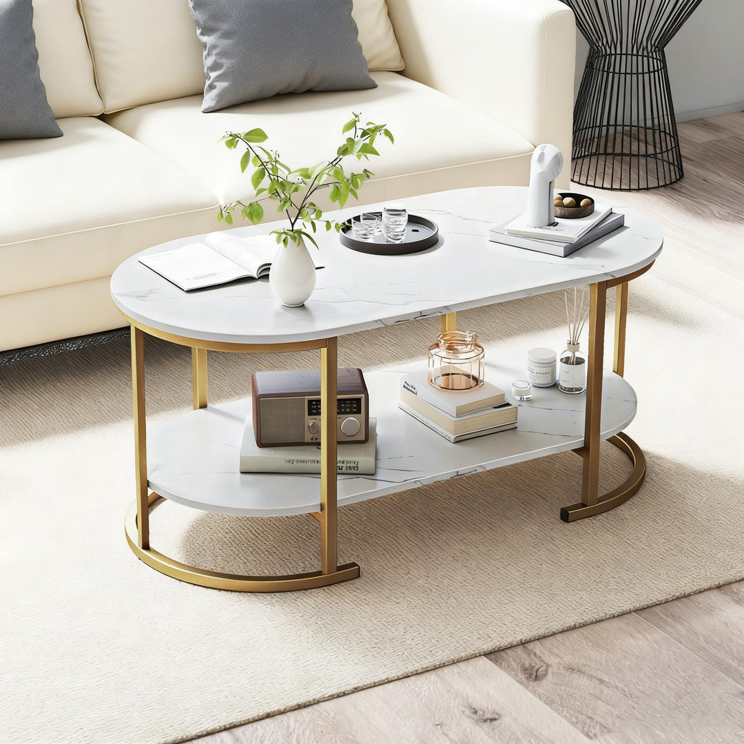 Giantex 2-Tier Coffee Table Oval Center Table with Wood Grain Top & Open Storage Shelf