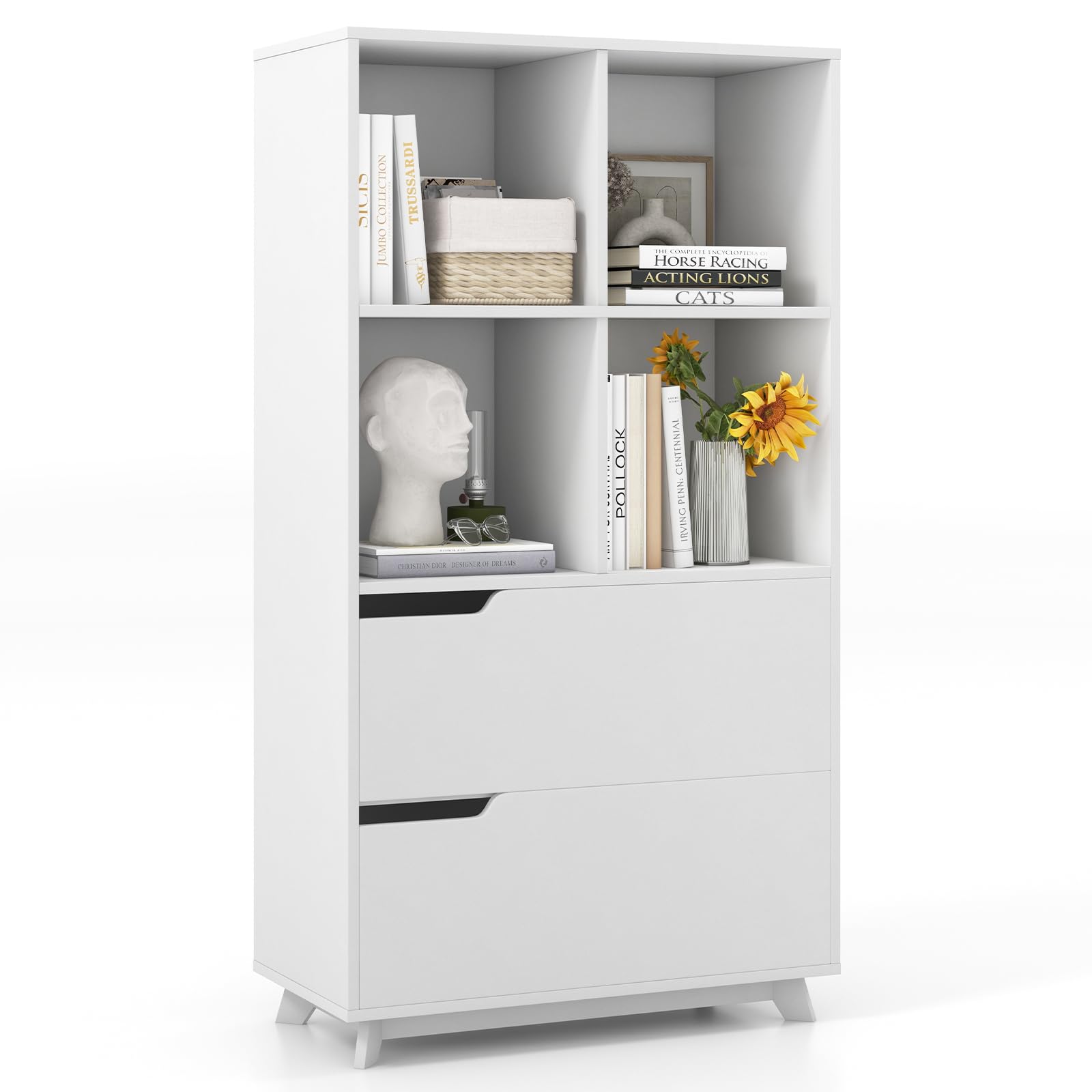 Giantex 51" Tall Bookcase with 2 Drawers, 4-Tier Open Bookshelf with 4 Storage Cubes, White
