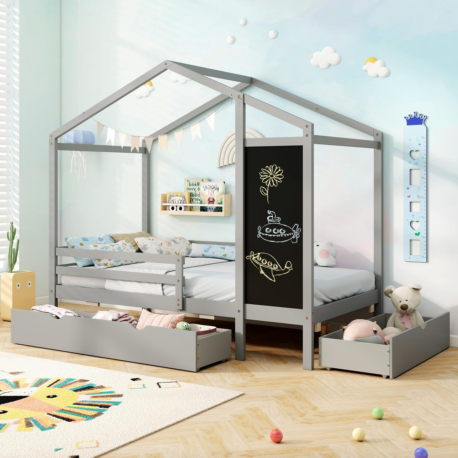 Giantex Twin Bed with 2 Storage Drawers, Solid Wood House Bed with Bla ...