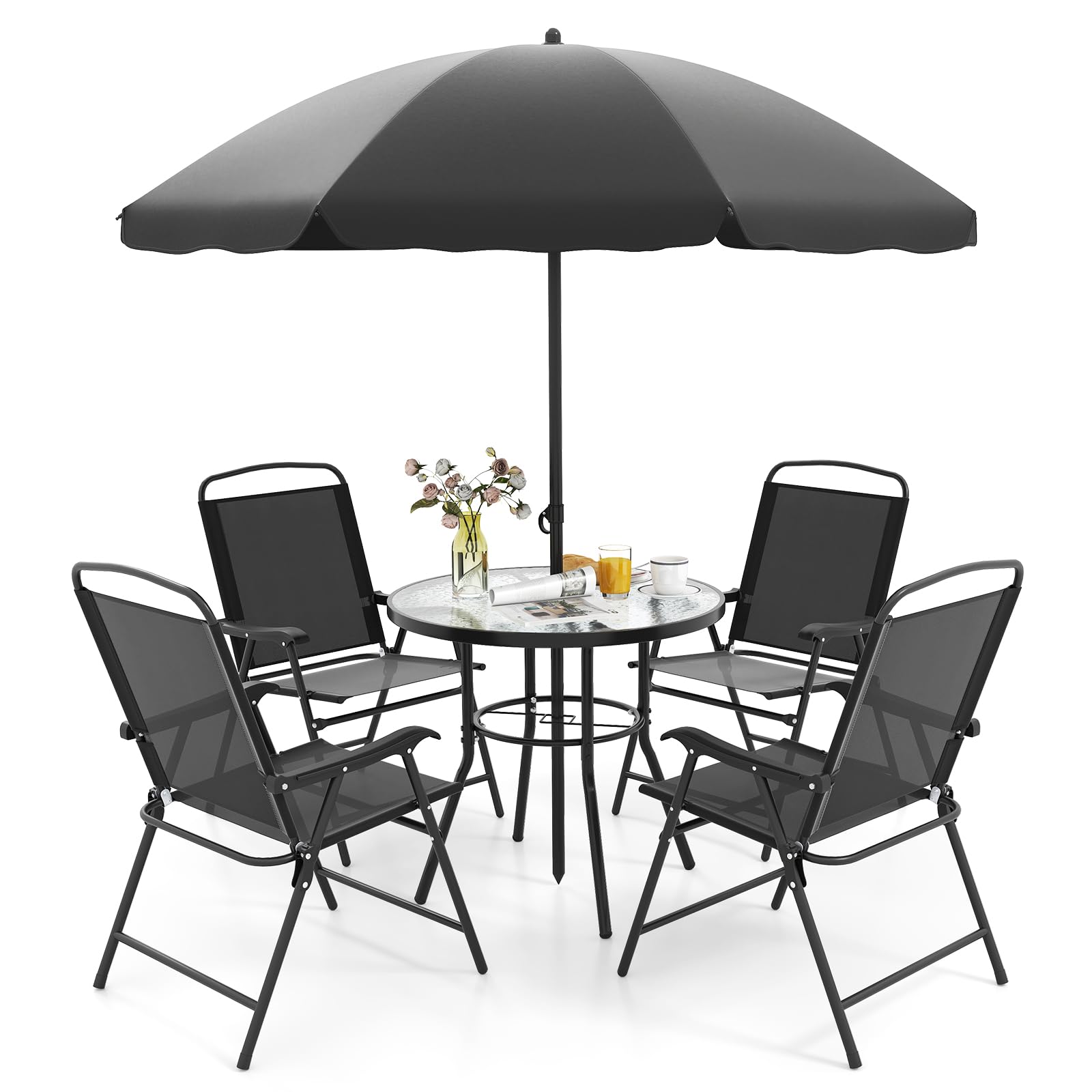 4 person patio table with umbrella hole Giantex 6 Pieces Outdoor Dining Set Tempered Glass Umbrella Table with Hole