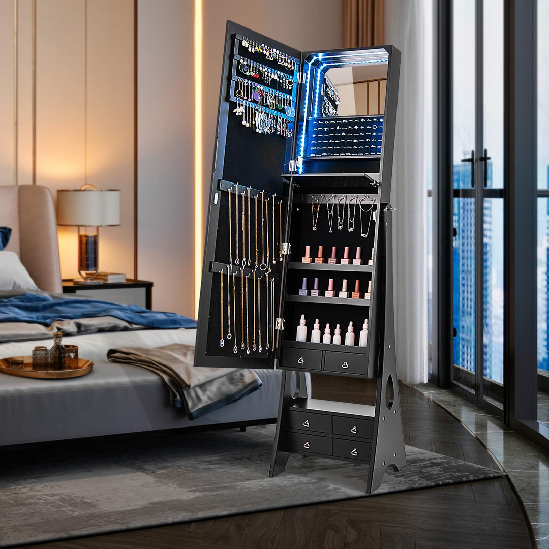 CHARMAID Jewelry Armoire with Full Length Door Mirror & Inside Lighted Vanity Mirror