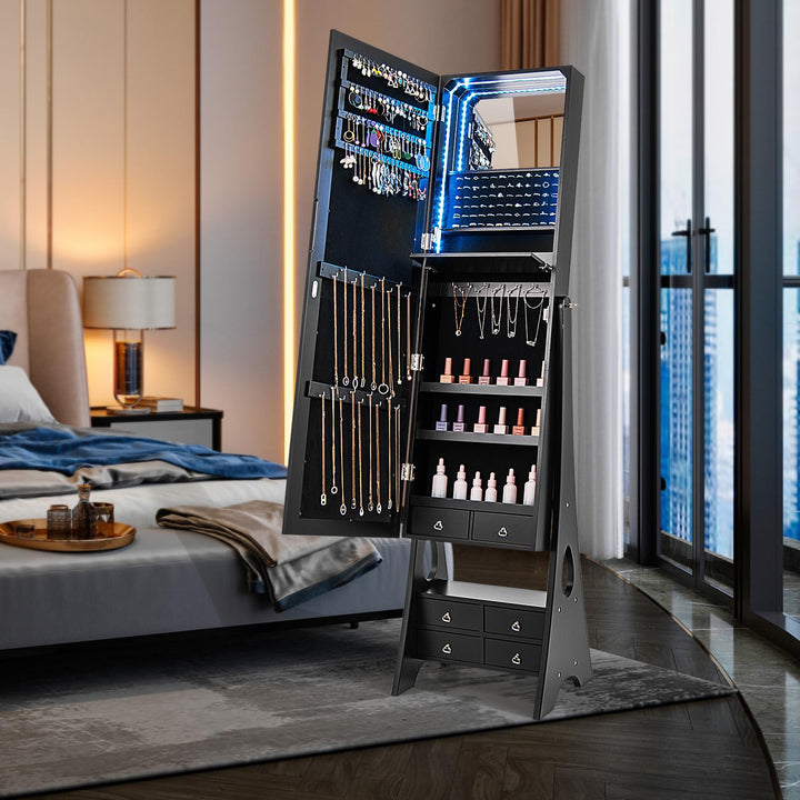 CHARMAID Jewelry Armoire with Full Length Door Mirror & Inside Lighted Vanity Mirror