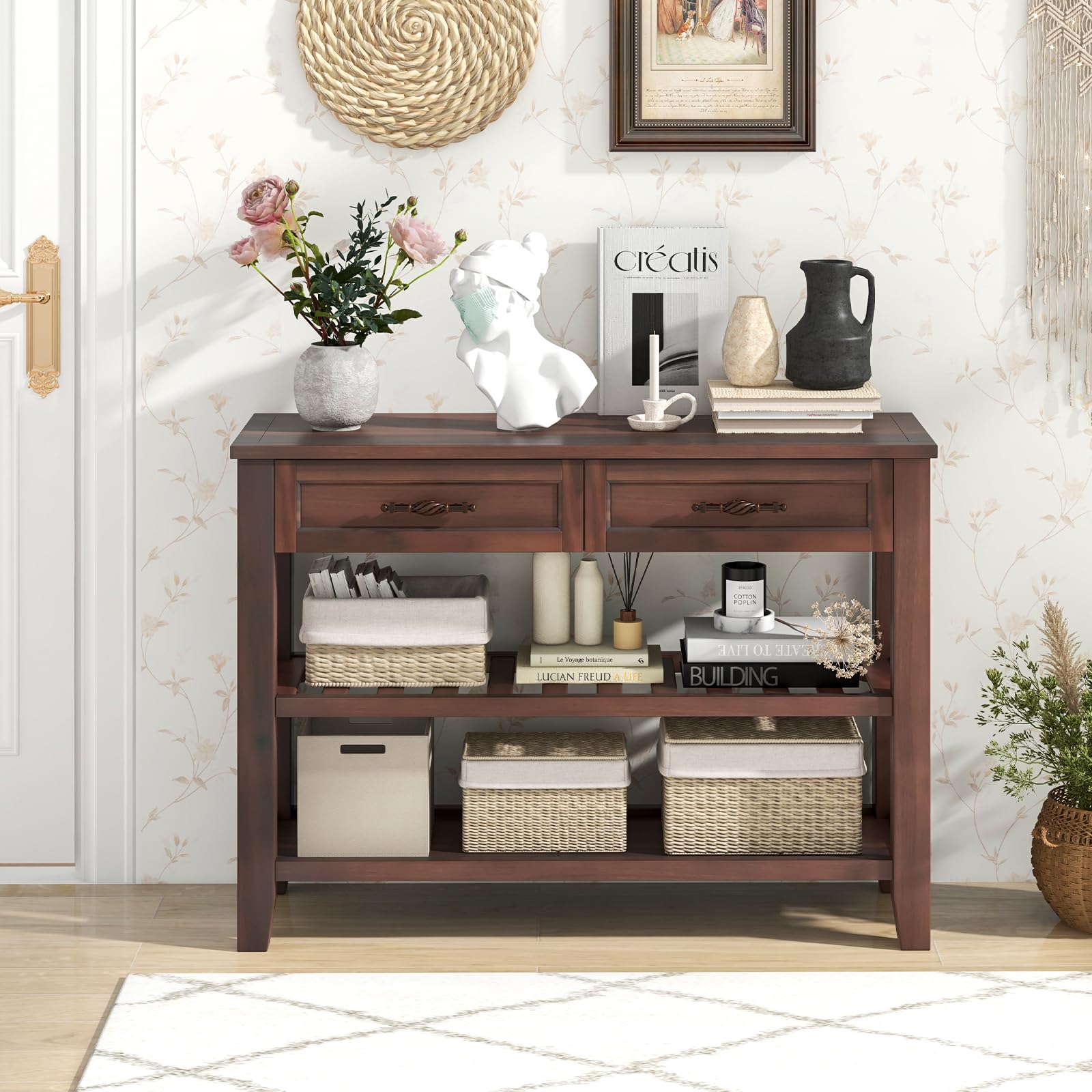 Giantex Console Table with 2 Drawers, 3-Tier Narrow Entryway Table with Storage