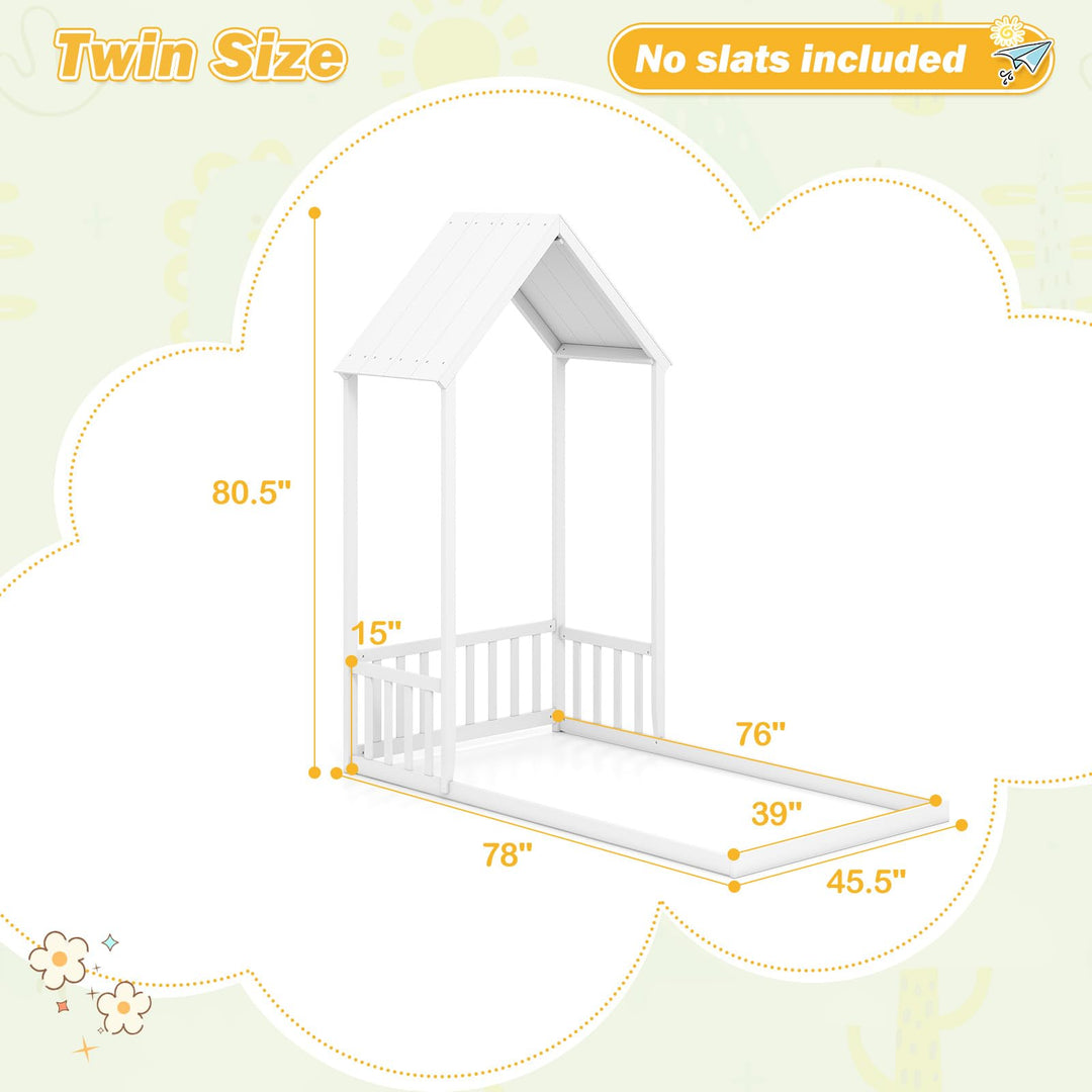 Giantex Twin Size House Bed Montessori Floor Bed with House Shape Roof & Semi-Fence