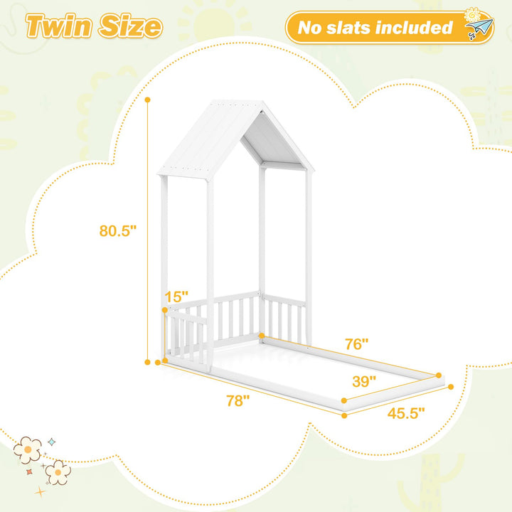 Giantex Twin Size House Bed Montessori Floor Bed with House Shape Roof & Semi-Fence