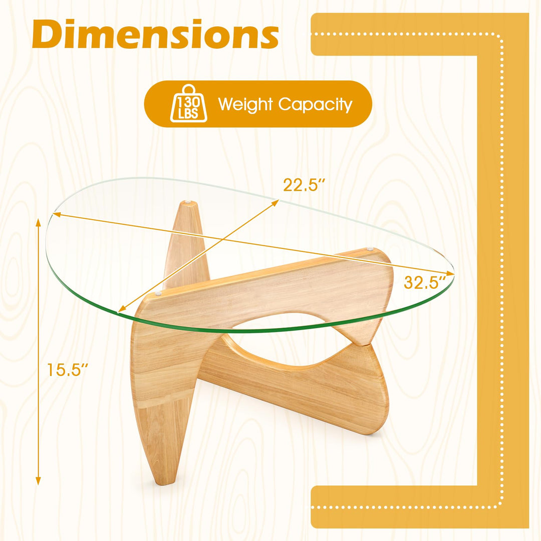 Giantex Triangle Glass Coffee Table, Solid Wood Tea Table with Tempered Glass Top & Adjustable Base