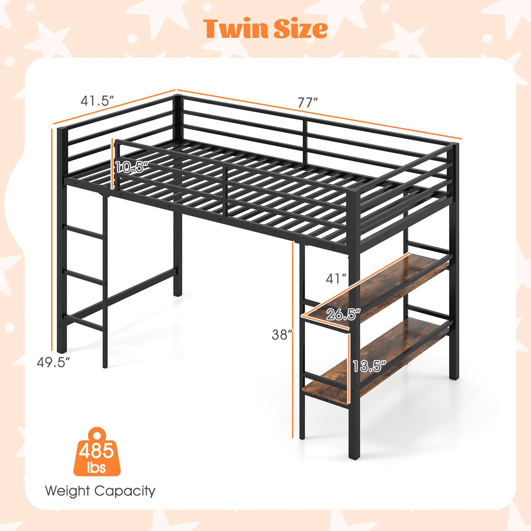 Giantex Low Loft Bed Twin Size Heavy Duty Metal Frame w/Storage Shelves
