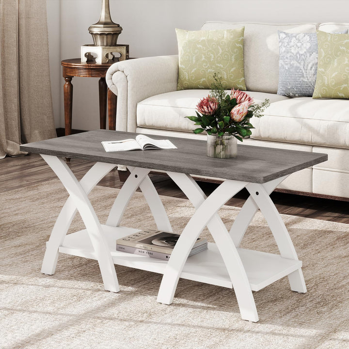 Giantex Farmhouse Coffee Table 2-Tier Wood Center Table with Storage Shelf & X-Shaped Support Legs