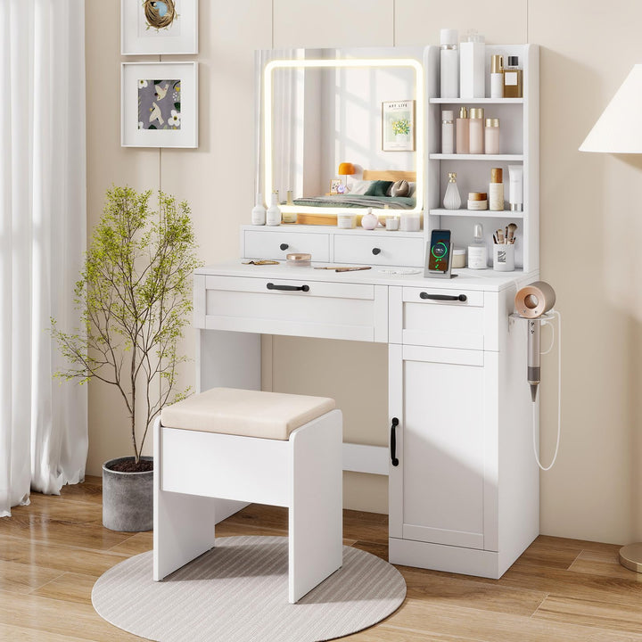 CHARMAID Vanity Desk with Lighted Mirror with Charging Station Storage Stool Drawers Shelves & Cabinet