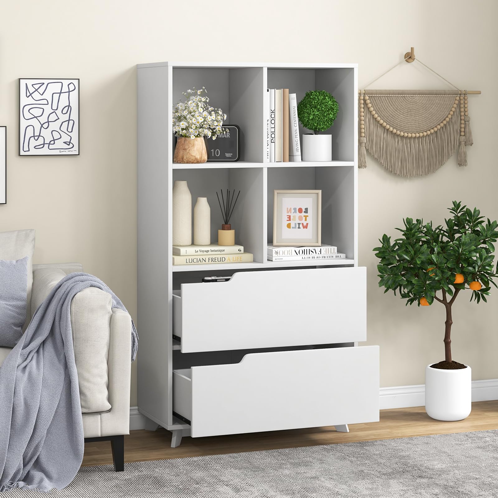 Giantex 51" Tall Bookcase with 2 Drawers, 4-Tier Open Bookshelf with 4 Storage Cubes, White