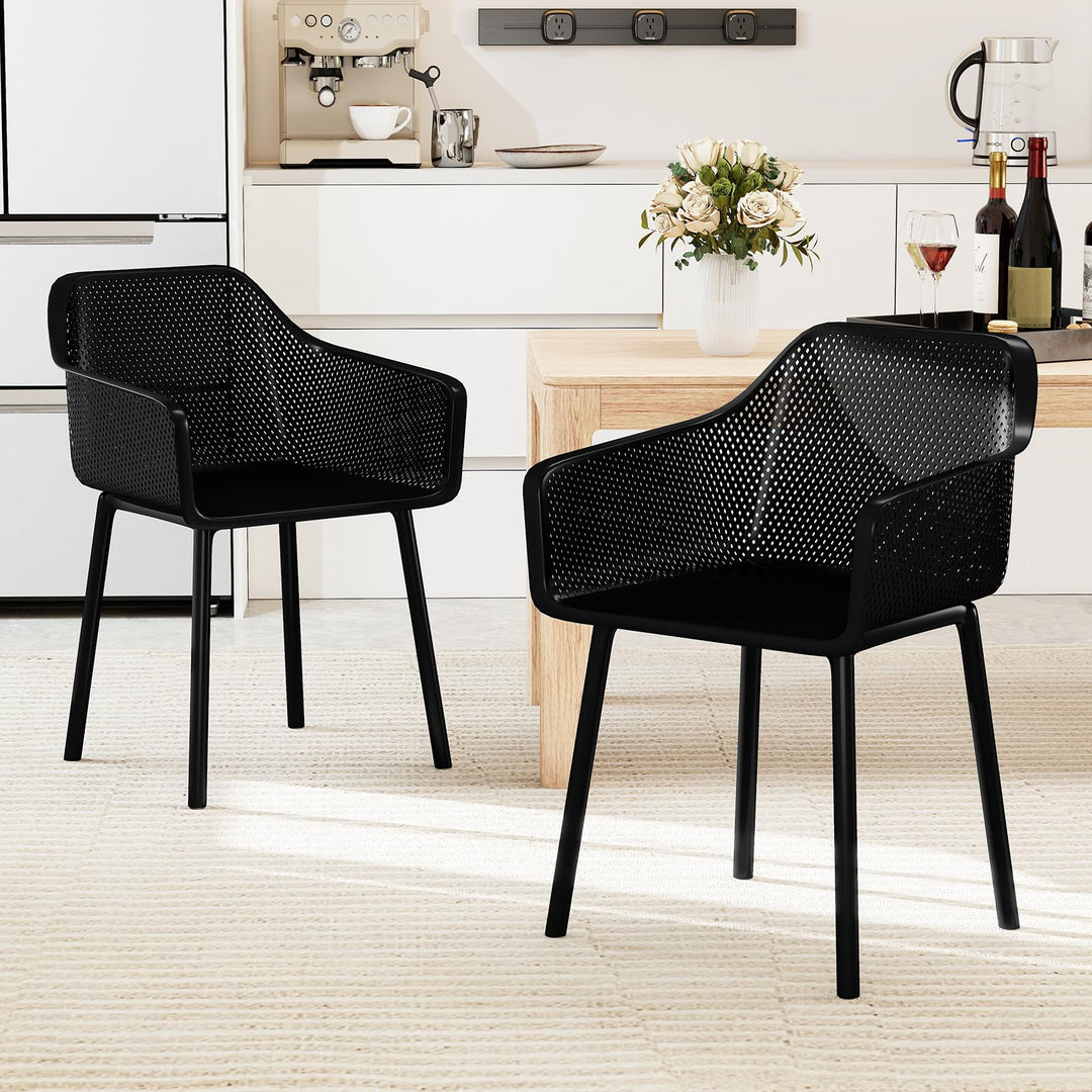 Giantex Plastic Dining Chairs Set of 2/4 Black Kitchen Armchair w/Breathable Mesh Backrest