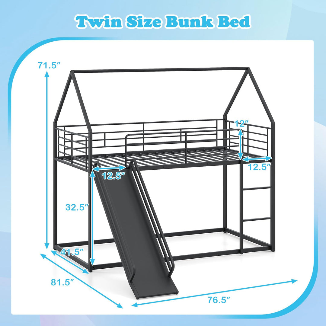 Giantex Twin Over Twin Bunk Bed with Slide & Ladder House-Shaped Metal Bunk Bed Frame with Safety Guardrail & Roof