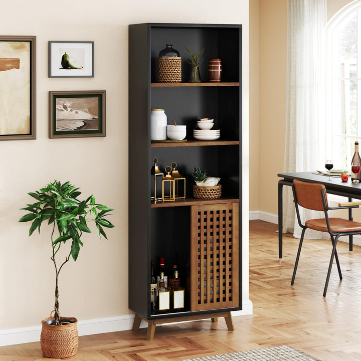 Giantex 70" Bookcase with Sliding Doors 5-Tier Tall Bookshelf with Reversible Adjustable Shelf