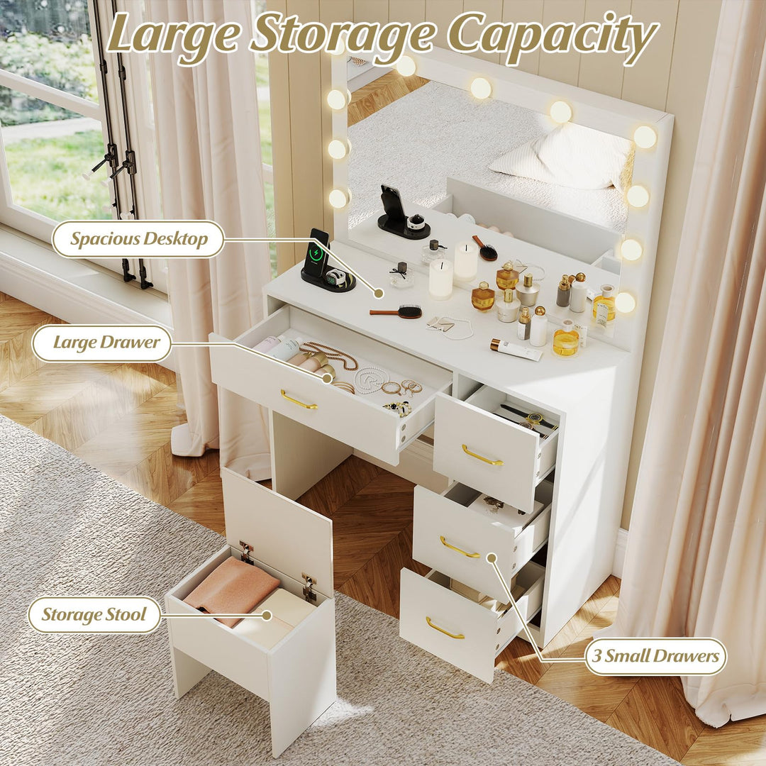 CHARMAID Vanity Desk with Mirror and Lights Makeup Dressing Table with Power Outlets