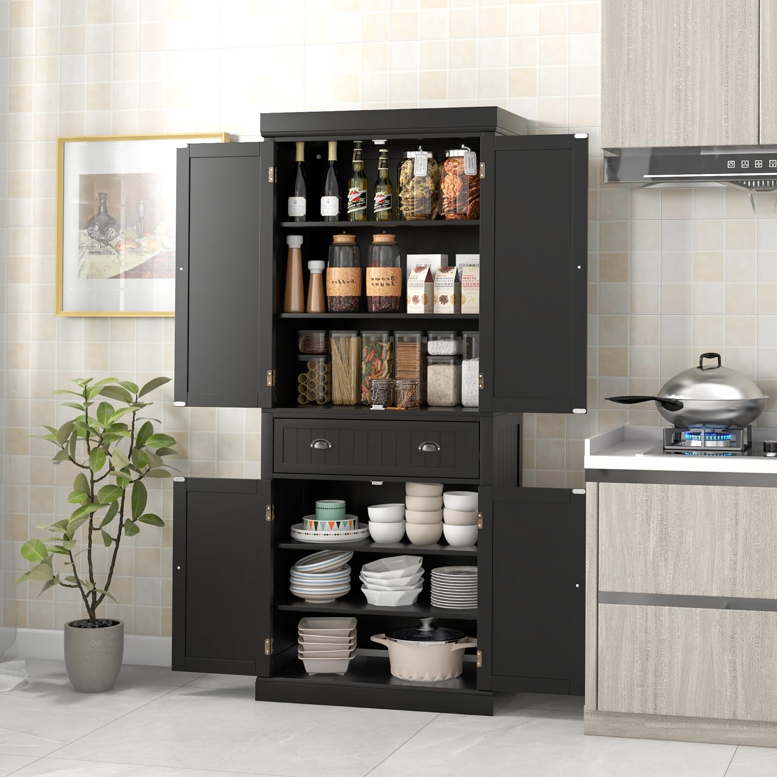 Giantex Pantry Organizers and Storage, 72" Tall Kitchen Cabinet with 2-Door Cabinets & Drawer, Buffet Sideboard