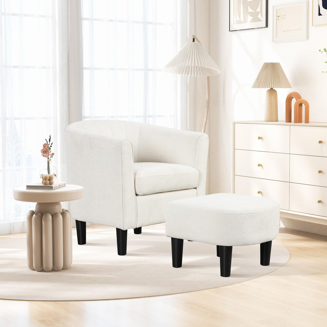 Giantex Modern Accent Chair with Ottoman, Upholstered Teddy Velvet Barrel Club Chair w/Footrest