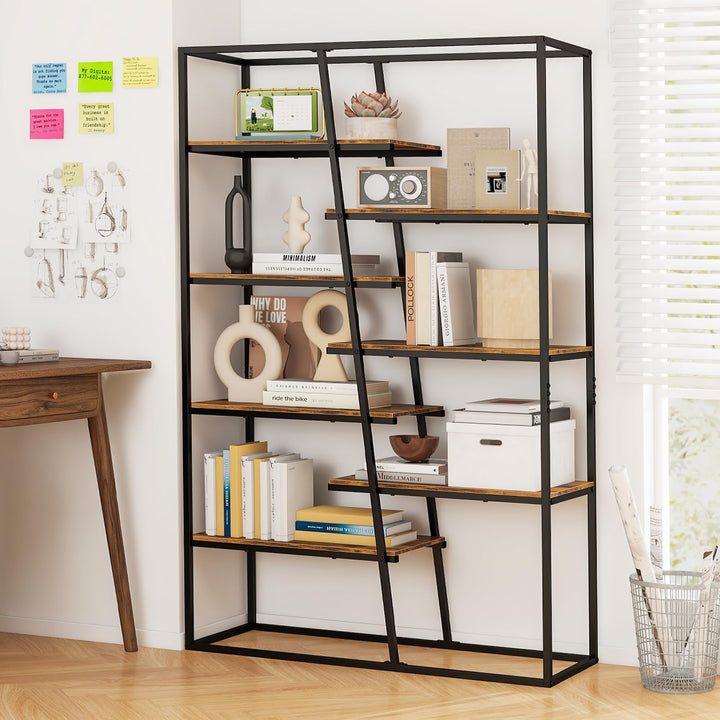 Giantex 7-Tier Industrial Bookshelf, Heavy-Duty Staggered Bookcase, Freestanding Display Storage Rack