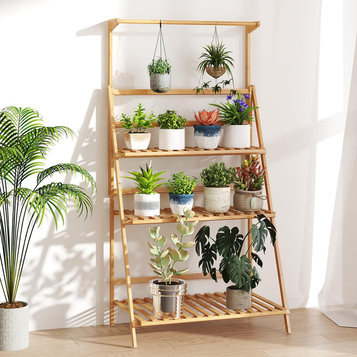 Giantex Plant Stand Indoor Outdoor - Bamboo 3-Tier Hanging Tall Ladder Flower Pot Display Organizer Rack